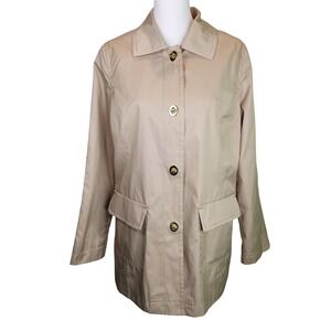 Isaac Mizrahi Live Tan Khaki Turn-Lock Front Floral Lined Trench Jacket Womens M